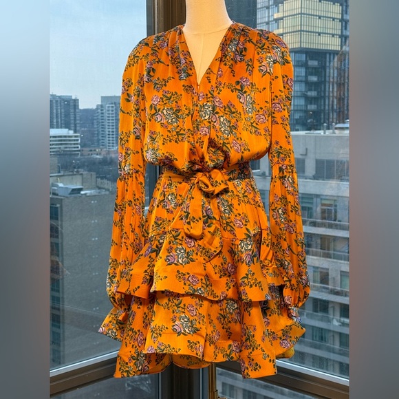 🆕 BRONX & BANCO 🧿NWOT Hanna Floral Tiered Ruffle Mini Dress, Marigold Sz S US4 - Picture 4 of 14